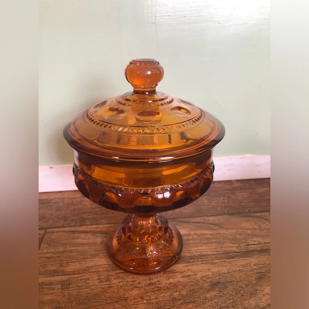 Indiana Glass Vtg 1950 Amber Kings Crown Thumbprint Pedestal Candy Dish W/ Lid